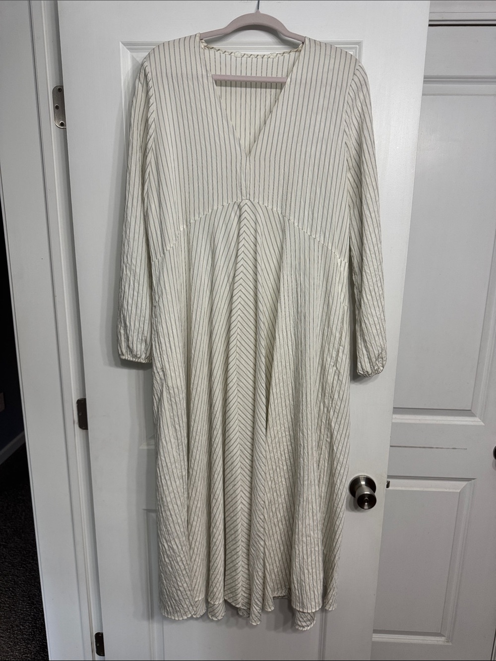 Zara Cream Striped V-Neck Maxi Dress with Long Sleeves